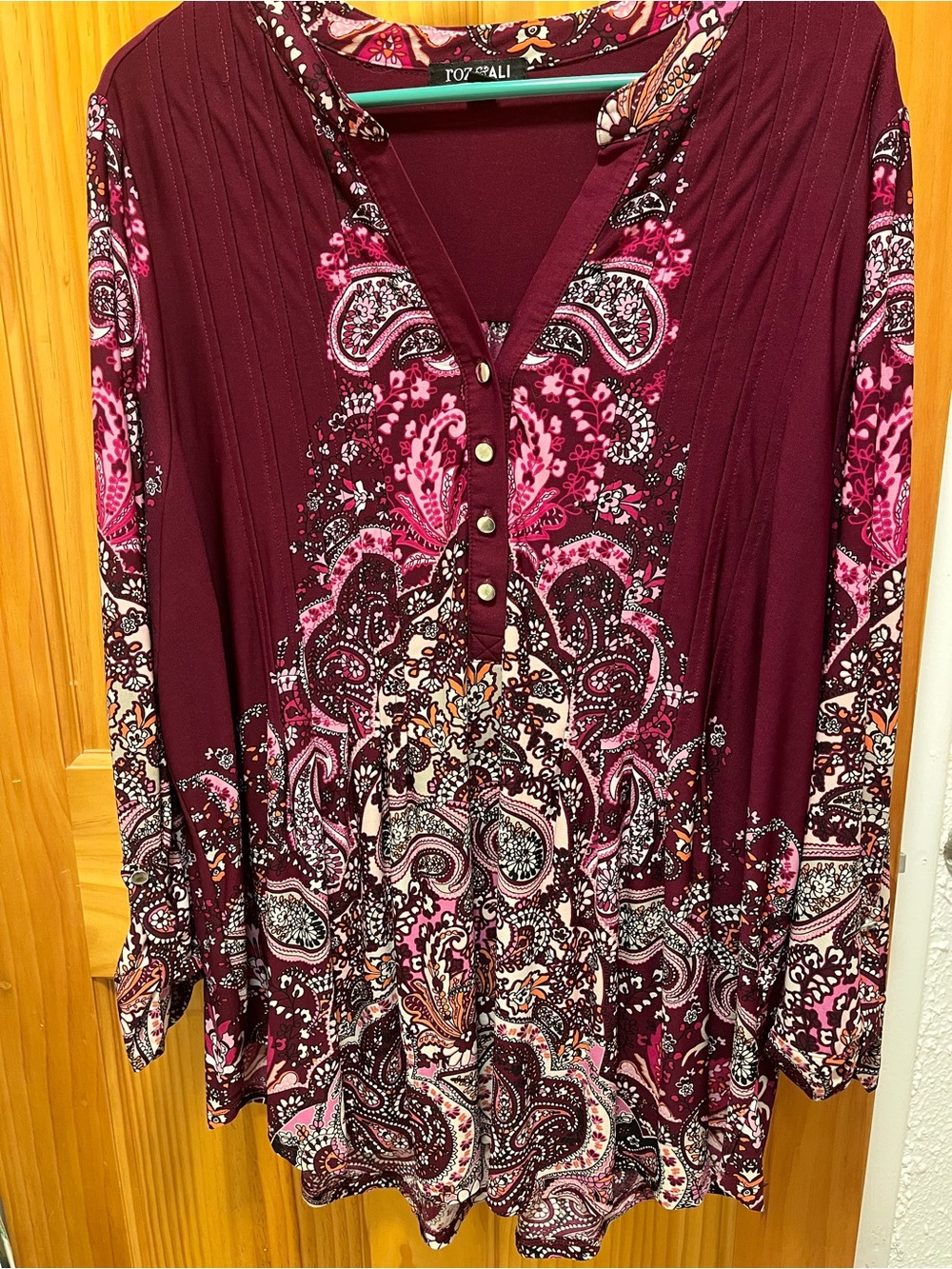 Roz & Ali Burgundy Paisley V-Neck Tunic with Pink Accents